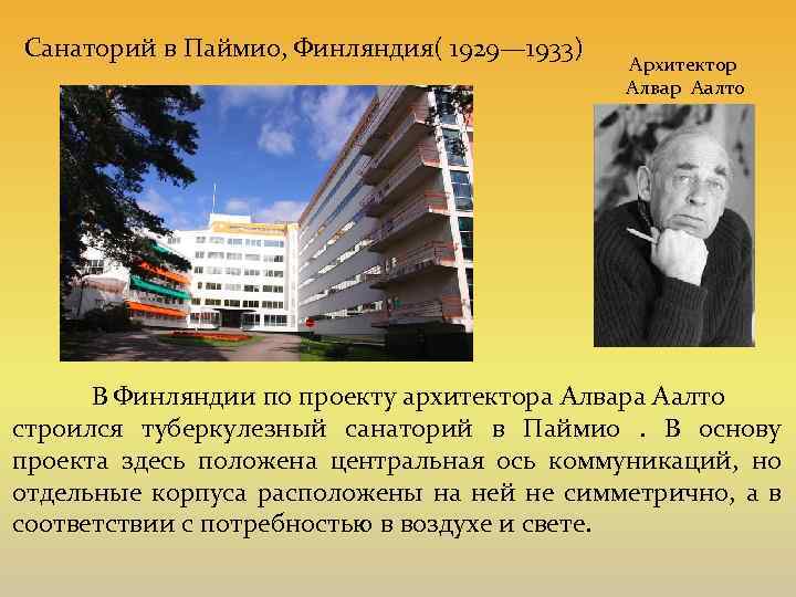 Санаторий в Паймио, Финляндия( 1929— 1933) Архитектор Алвар Аалто В Финляндии по проекту архитектора