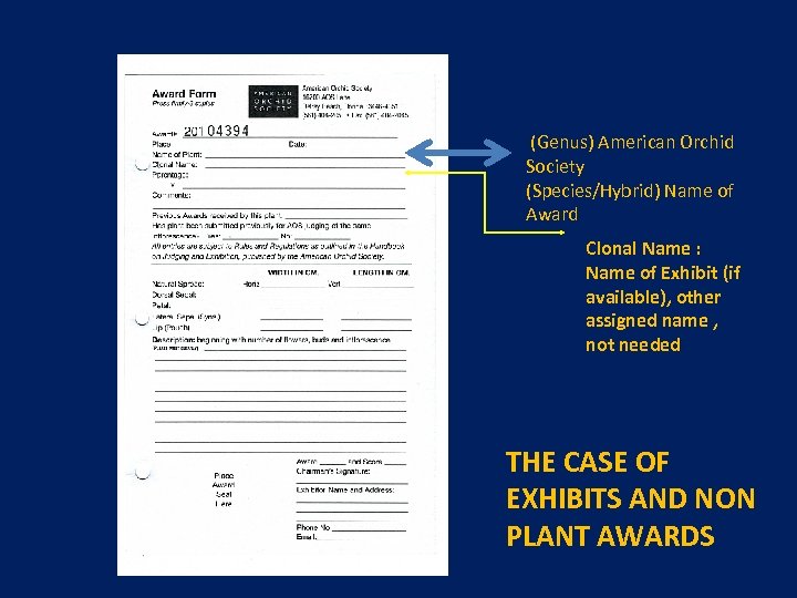  (Genus) American Orchid Society (Species/Hybrid) Name of Award Clonal Name : Name of