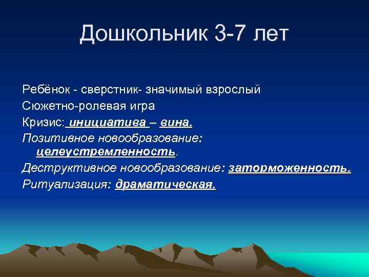 Дошкольник 3 -7 лет Ребёнок - сверстник- значимый взрослый Сюжетно-ролевая игра Кризис: инициатива –