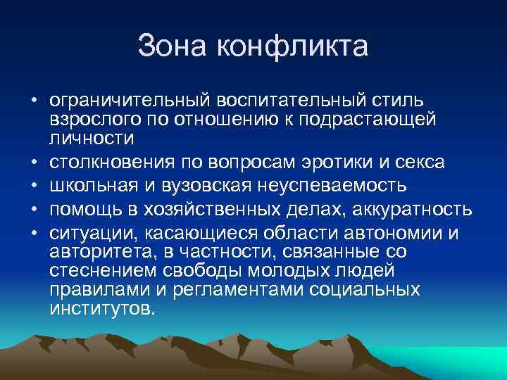 Зона конфликта • ограничительный воспитательный стиль взрослого по отношению к подрастающей личности • столкновения