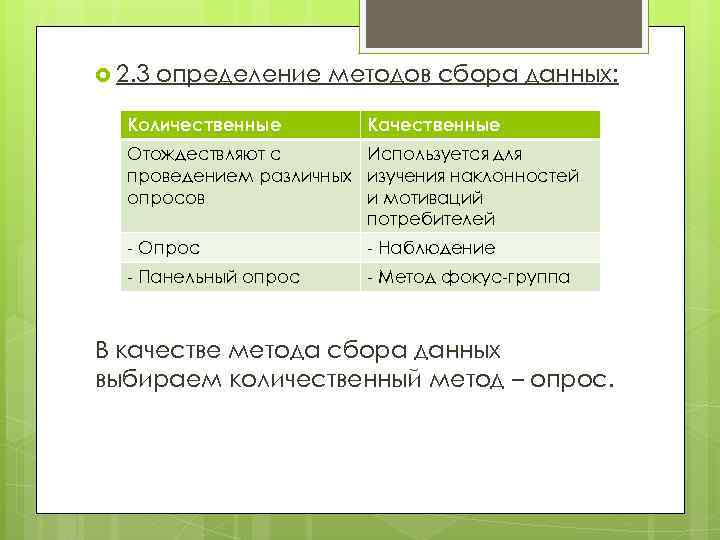  2. 3 определение методов сбора данных: Количественные Качественные Отождествляют с Используется для проведением