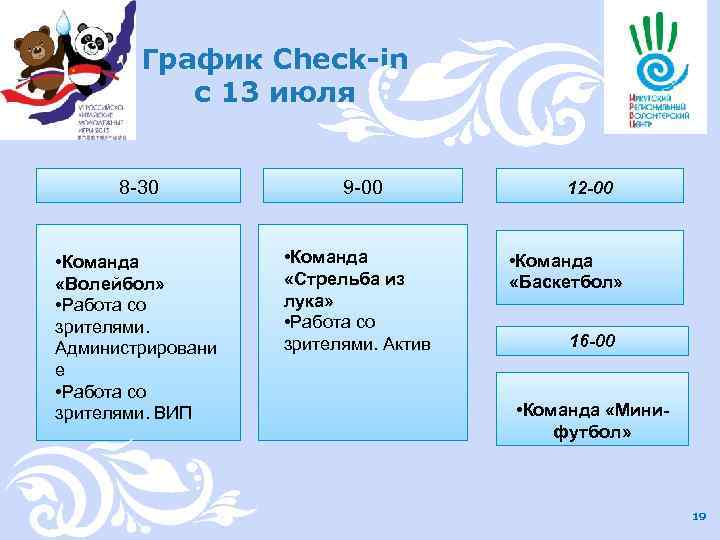 График Check-in с 13 июля 8 -30 • Команда «Волейбол» • Работа со зрителями.