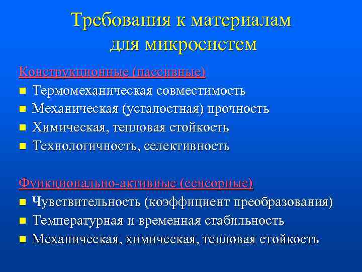 Требования к материалам для микросистем Конструкционные (пассивные) n Термомеханическая совместимость n Механическая (усталостная) прочность