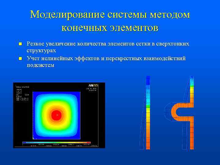 Моделирование системы методом конечных элементов n n Резкое увеличение количества элементов сетки в сверхтонких