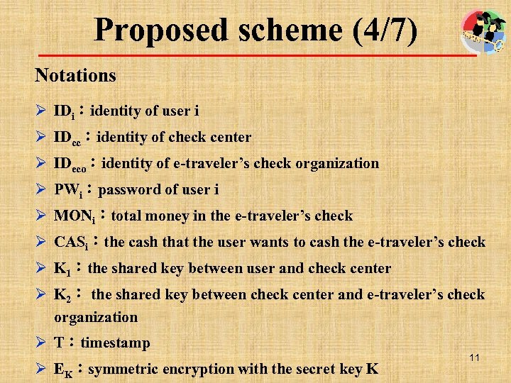 Proposed scheme (4/7) Notations Ø IDi：identity of user i Ø IDcc：identity of check center