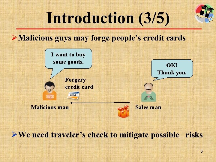 Introduction (3/5) ØMalicious guys may forge people’s credit cards I want to buy some