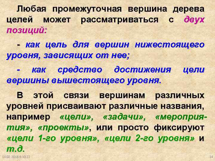 Любая промежуточная вершина дерева целей может рассматриваться с двух позиций: - как цель для