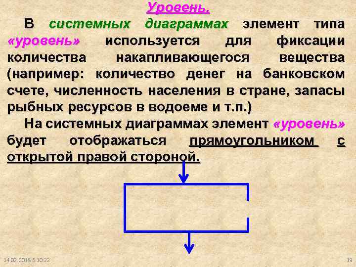 Уровень. В системных диаграммах элемент типа «уровень» используется для фиксации количества накапливающегося вещества (например: