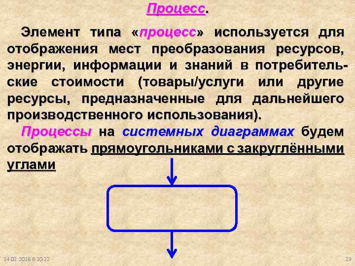 Процесс. Элемент типа «процесс» используется для отображения мест преобразования ресурсов, энергии, информации и знаний
