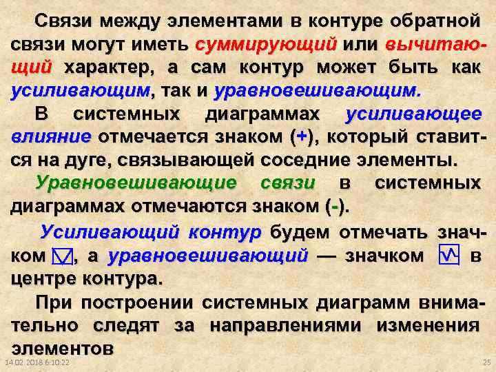 Связи между элементами в контуре обратной связи могут иметь суммирующий или вычитающий характер, а