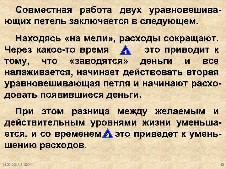 Совместная работа двух уравновешивающих петель заключается в следующем. Находясь «на мели» , расходы сокращают.
