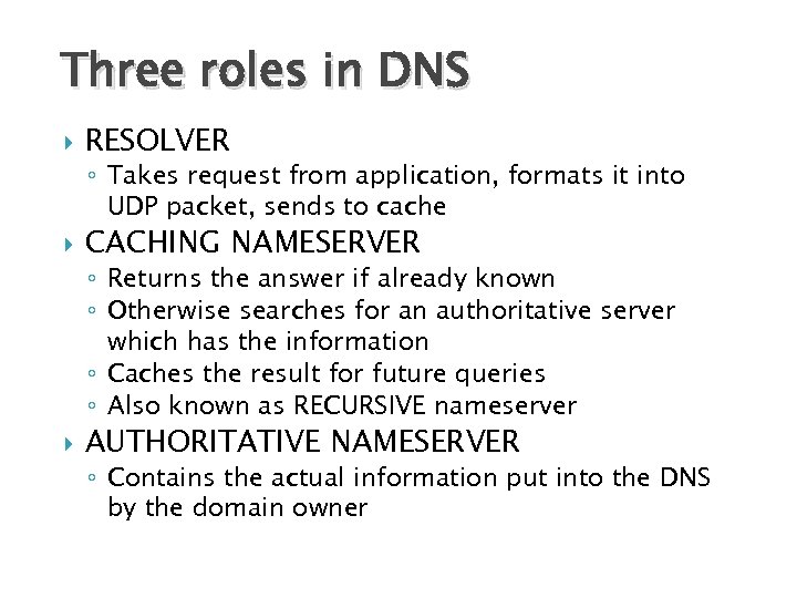 Three roles in DNS RESOLVER ◦ Takes request from application, formats it into UDP
