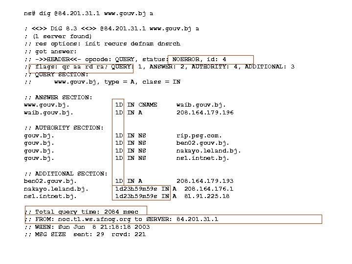 ns# dig @84. 201. 31. 1 www. gouv. bj a ; <<>> Di. G