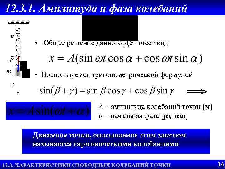 12. 3. 1. Амплитуда и фаза колебаний c m • Общее решение данного ДУ
