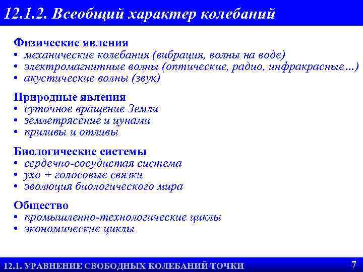 12. 1. 2. Всеобщий характер колебаний Физические явления • механические колебания (вибрация, волны на
