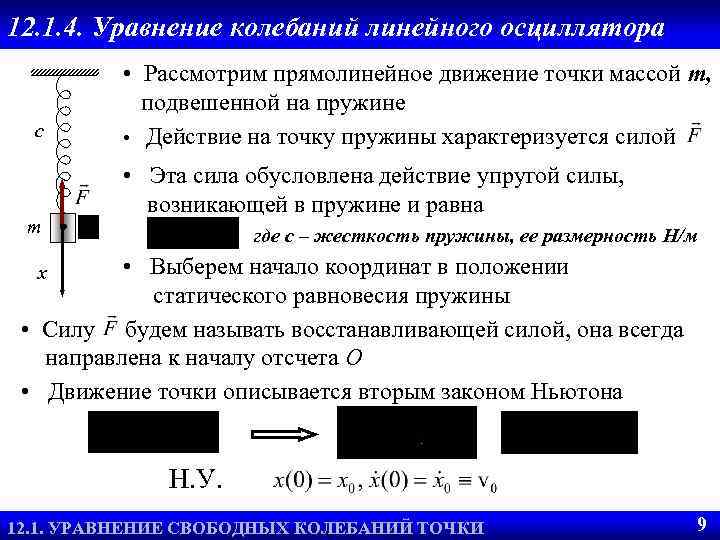 12. 1. 4. Уравнение колебаний линейного осциллятора c m • Рассмотрим прямолинейное движение точки