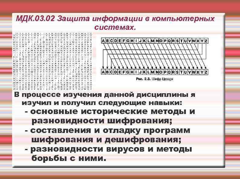 МДК. 03. 02 Защита информации в компьютерных системах. В процессе изучения данной дисциплины я