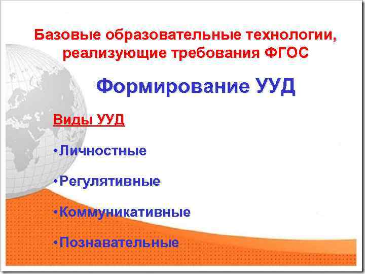 Базовые образовательные технологии, реализующие требования ФГОС Формирование УУД Виды УУД • Личностные • Регулятивные