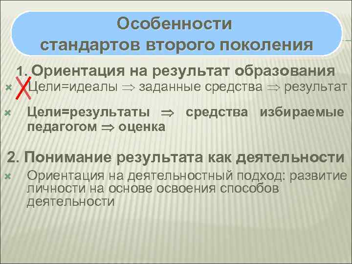 Особенности стандартов второго поколения 1. Ориентация на результат образования Цели=идеалы заданные средства результат Цели=результаты
