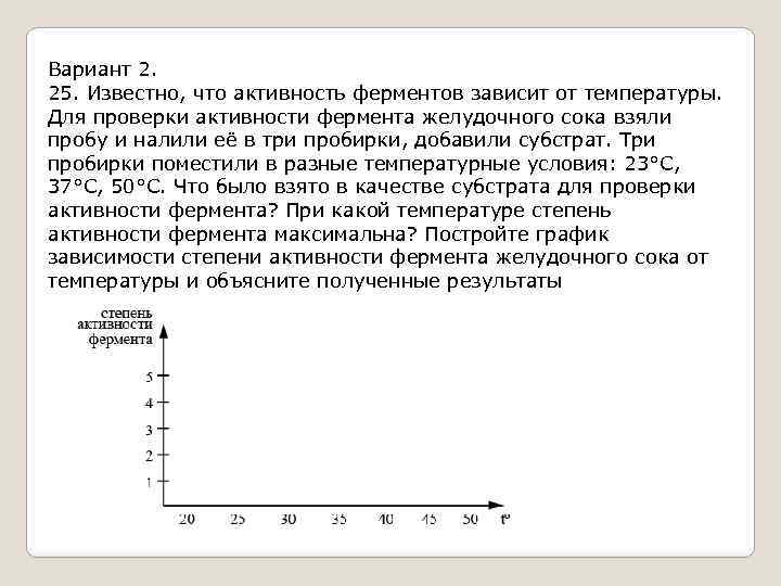 Вариант 2. 25. Известно, что активность ферментов зависит от температуры. Для проверки активности фермента