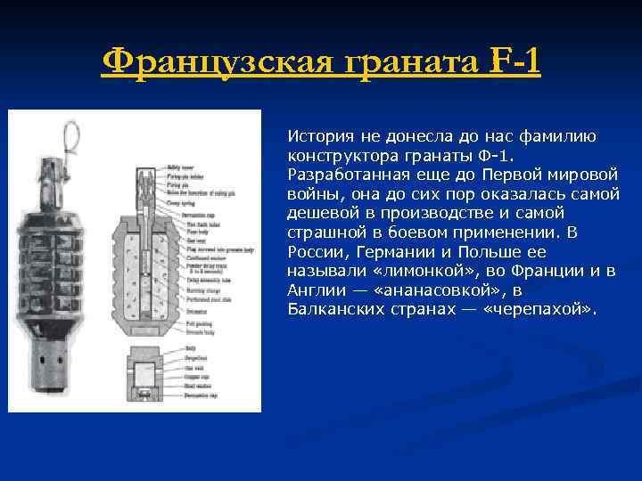 Французская граната F-1 История не донесла до нас фамилию конструктора гранаты Ф-1. Разработанная еще