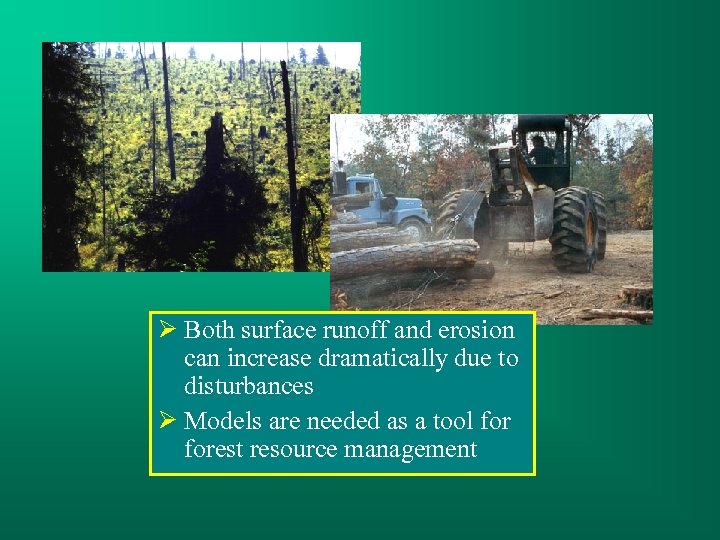  Both surface runoff and erosion can increase dramatically due to disturbances Models are