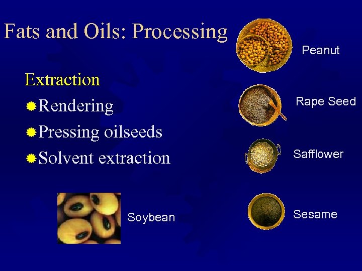 Fats and Oils: Processing Peanut Extraction ® Rendering ® Pressing oilseeds ® Solvent extraction