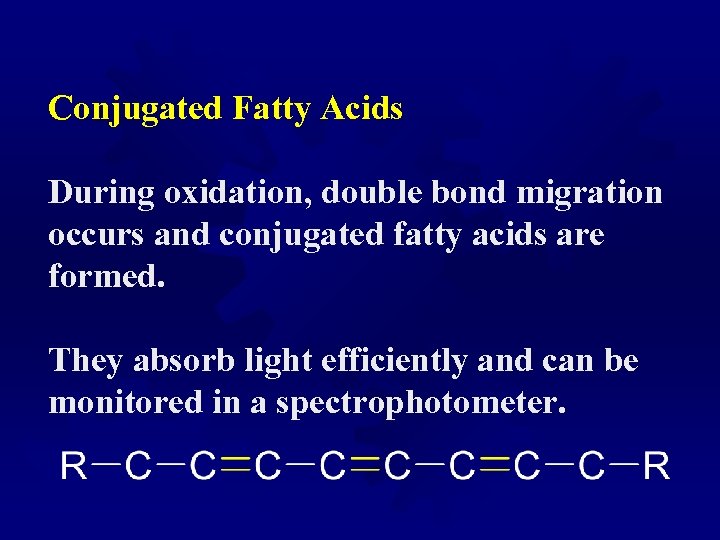 Conjugated Fatty Acids During oxidation, double bond migration occurs and conjugated fatty acids are