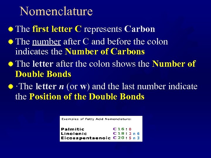 Nomenclature ® The first letter C represents Carbon ® The number after C and