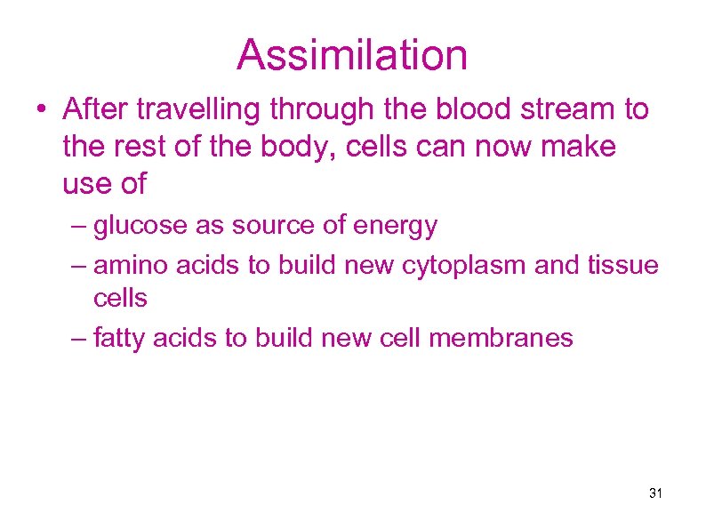 Assimilation • After travelling through the blood stream to the rest of the body,
