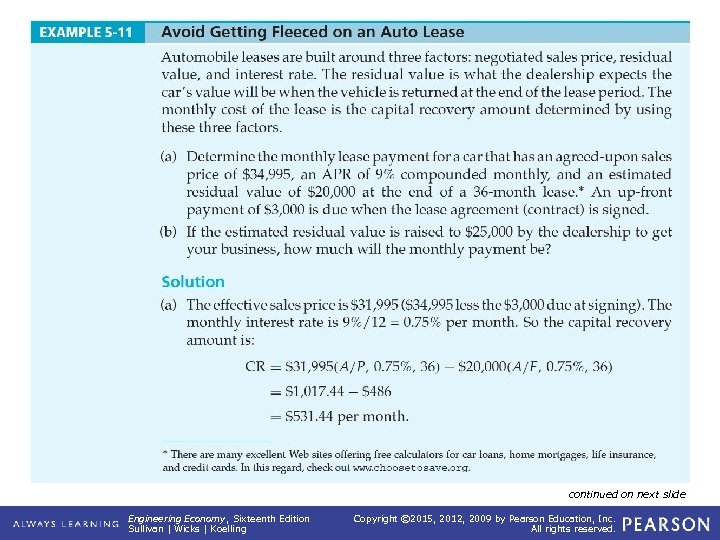EXAMPLE 5 -11 Lease Avoid Getting Fleeced on an Auto continued on next slide