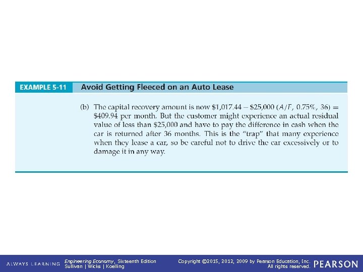 EXAMPLE 5 -11 (continued) on an Auto Lease Engineering Economy, Sixteenth Edition Sullivan |