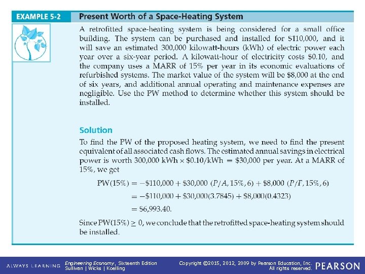 EXAMPLE 5 -2 System Present Worth of a Space-Heating Engineering Economy, Sixteenth Edition Sullivan