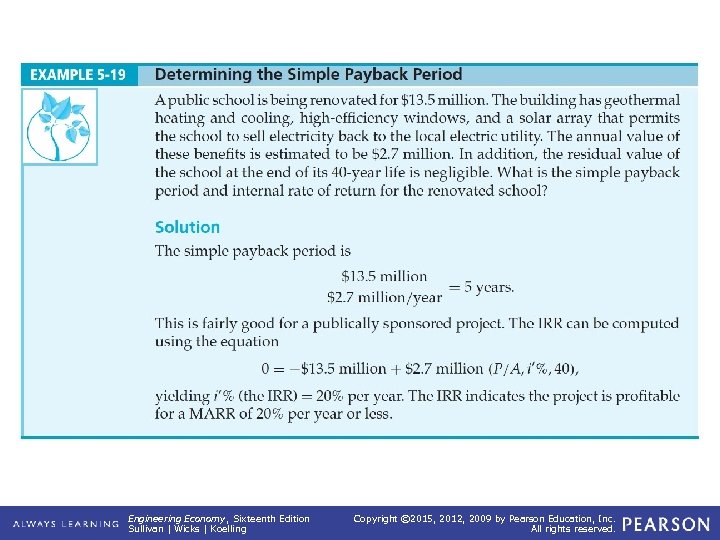 EXAMPLE 5 -19 Period Determining the Simple Payback Engineering Economy, Sixteenth Edition Sullivan |