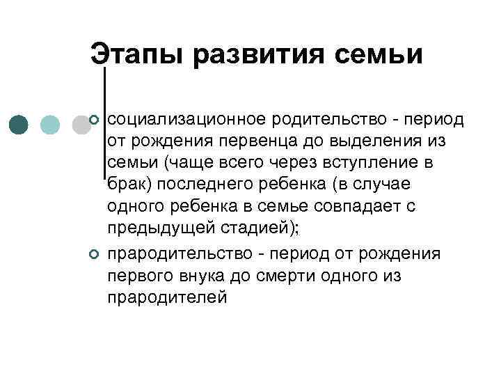 Этапы развития семьи ¢ ¢ социализационное родительство период от рождения первенца до выделения из