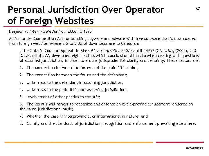 Personal Jurisdiction Over Operator of Foreign Websites 67 Desjean v. Intermix Media Inc. ,