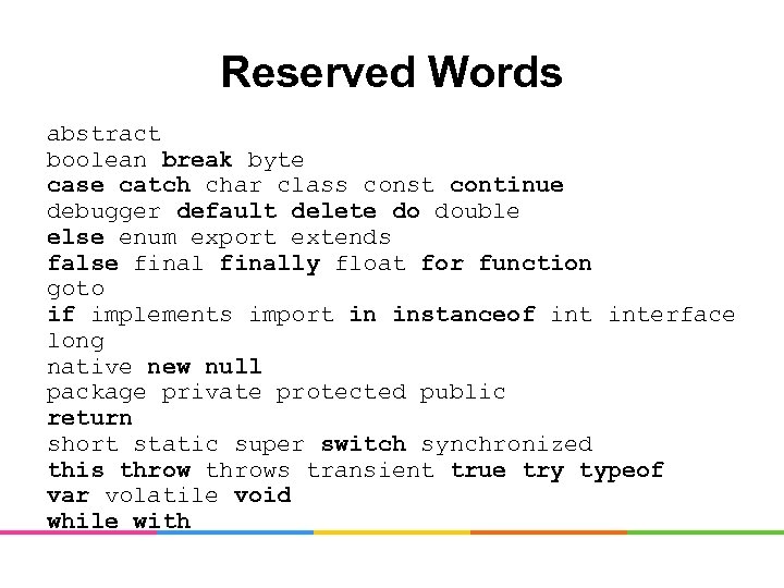 Reserved Words abstract boolean break byte case catch char class const continue debugger default