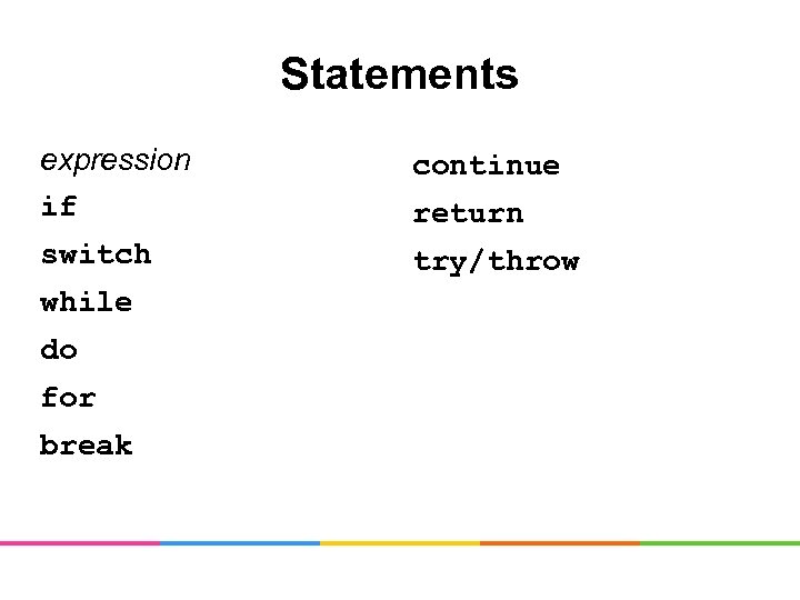 Statements expression if continue switch try/throw while do for break return 