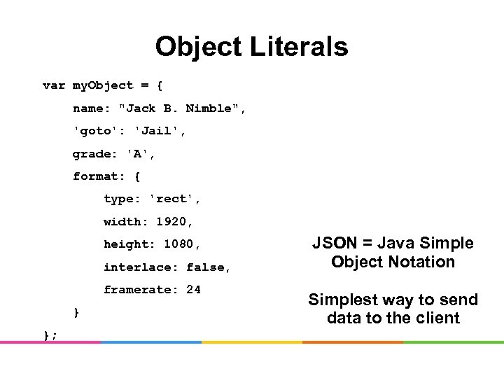 Object Literals var my. Object = { name: "Jack B. Nimble", 'goto': 'Jail', grade: