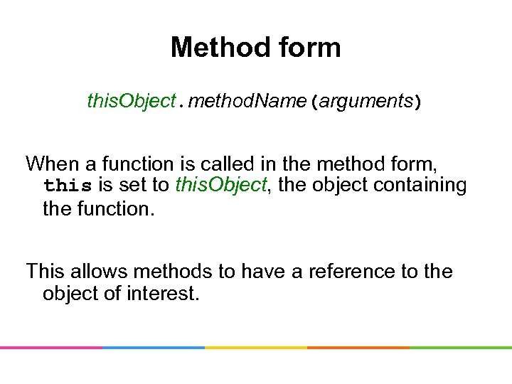 Method form this. Object. method. Name(arguments) When a function is called in the method