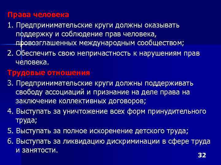Права человека 1. Предпринимательские круги должны оказывать поддержку и соблюдение прав человека, провозглашенных международным