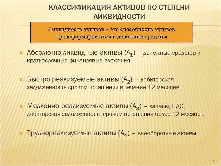 КЛАССИФИКАЦИЯ АКТИВОВ ПО СТЕПЕНИ ЛИКВИДНОСТИ Ликвидность активов – это способность активов трансформироваться в денежные