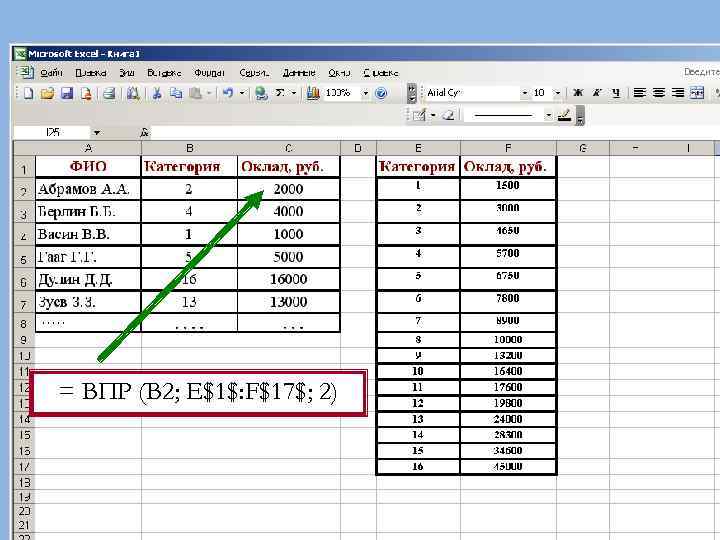 = ВПР (В 2; Е$1$: F$17$; 2) 