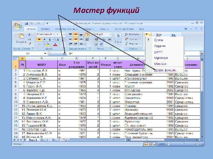Мастер функций Мастер f: - Среднее - Максимум - Минимум - Другие f 
