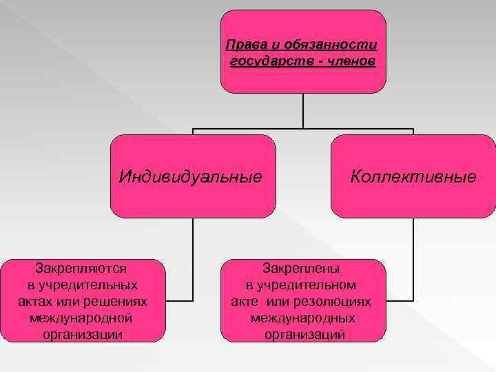 Права и обязанности государств - членов Индивидуальные Закрепляются в учредительных актах или решениях международной