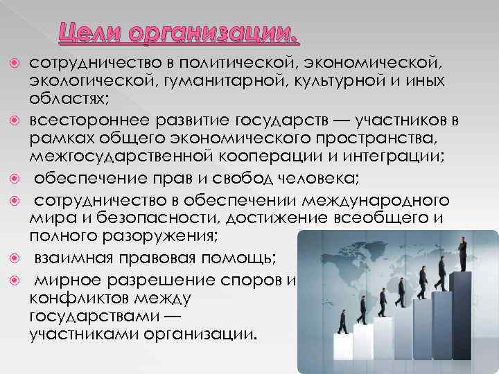 Цели организации. сотрудничество в политической, экономической, экологической, гуманитарной, культурной и иных областях; всестороннее развитие