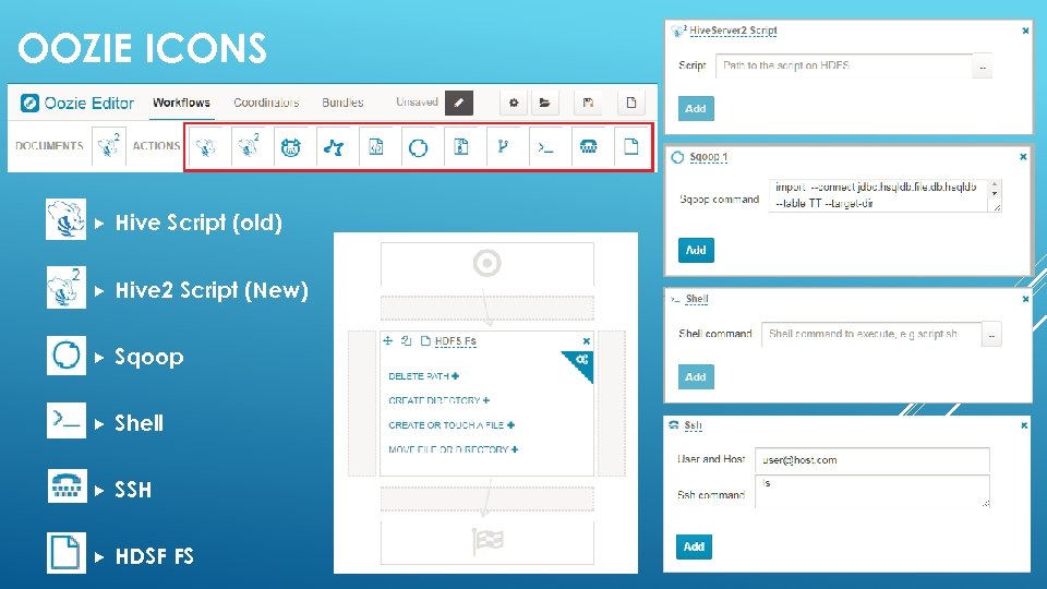 OOZIE ICONS Hive Script (old) Hive 2 Script (New) Sqoop Shell SSH HDSF FS