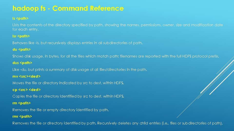 hadoop fs - Command Reference ls <path> Lists the contents of the directory specified