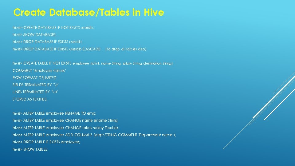 Create Database/Tables in Hive hive> CREATE DATABASE IF NOT EXISTS userdb; hive> SHOW DATABASES;