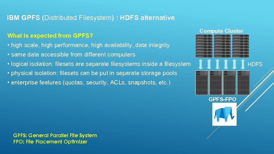 IBM GPFS (Distributed Filesystem) : HDFS alternative What is expected from GPFS? Compute Cluster